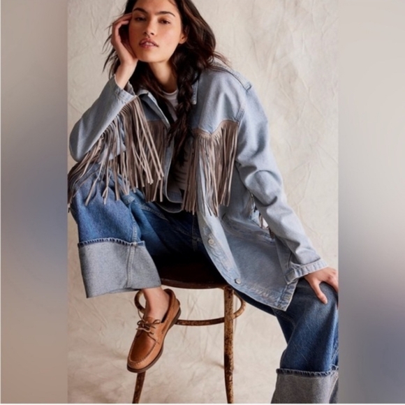 We The Free Jackets & Blazers - We The Free Light Blue Jean Jacket with Fringe NWOT
